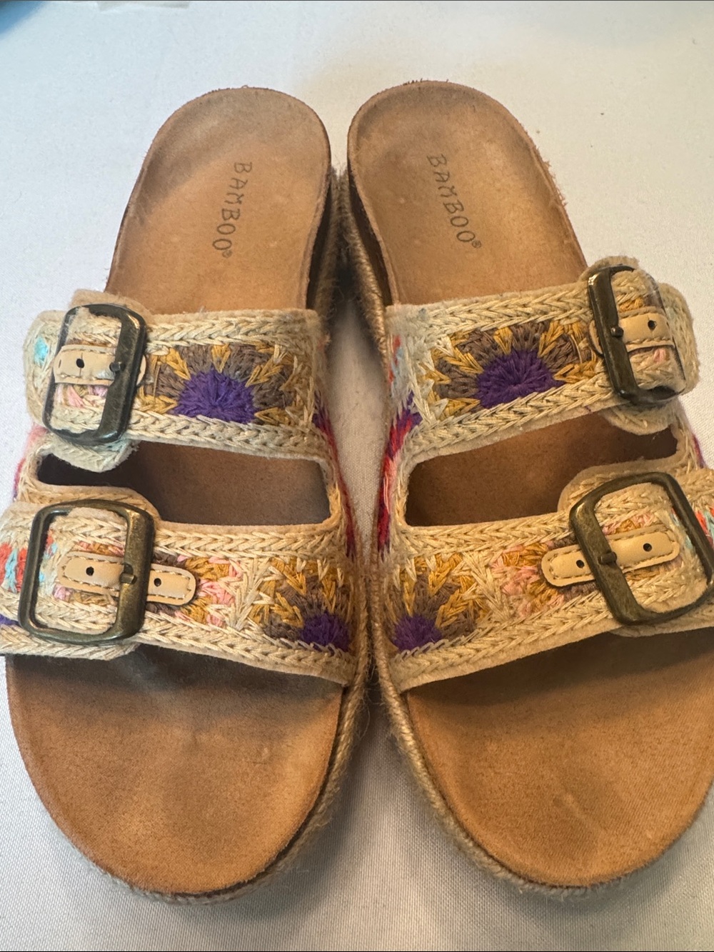 BAMBOO Woven Double-Buckle Slide Sandals with Purple & Yellow Embroidery